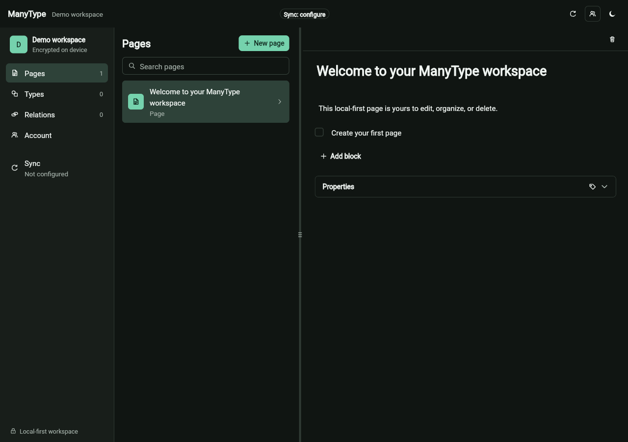 ManyType workspace with Pages, Types, and Relations navigation beside an editable page